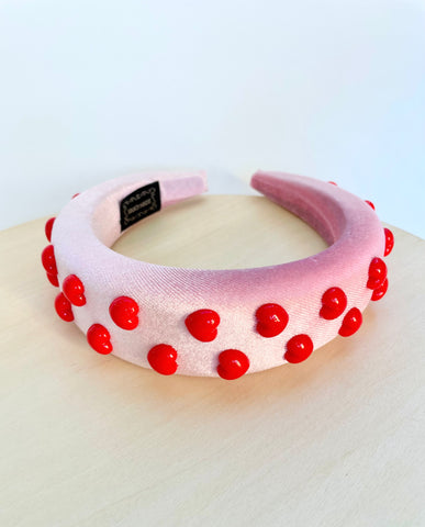 Light Pink Velvet Red Hearts Puffy/Padded Headband-Wholesale