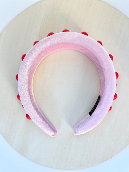 Light Pink Velvet Red Hearts Puffy/Padded Headband-Wholesale