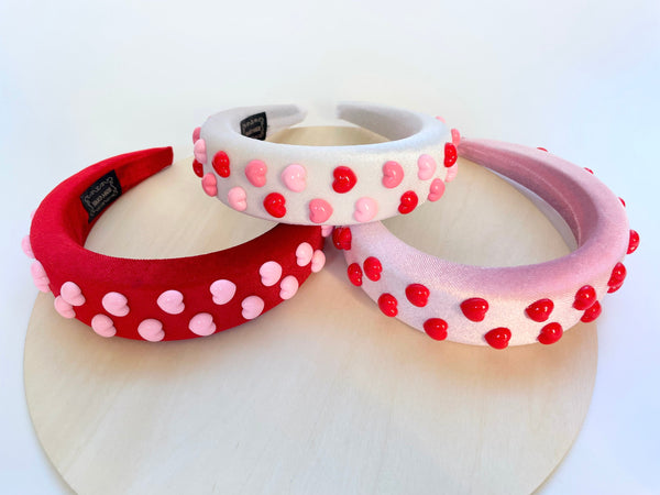 Light Pink Velvet Red Hearts Puffy/Padded Headband-Wholesale