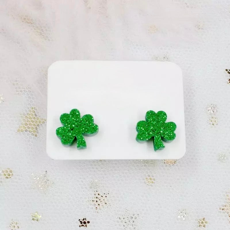 Small Shamrock Acrylic Glitter Stud Earrings