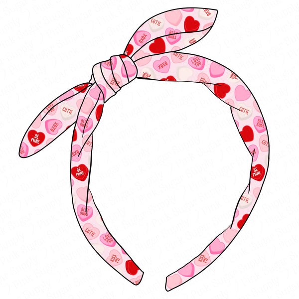 (PREORDER) KNOTTED BOW HEADBAND-Pink and Red Conversation Hearts