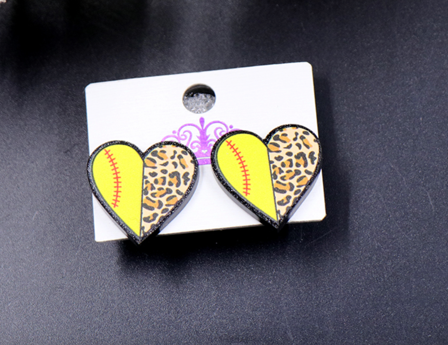Softball Leopard Heart Acrylic Glitter Stud Earrings -Wholesale