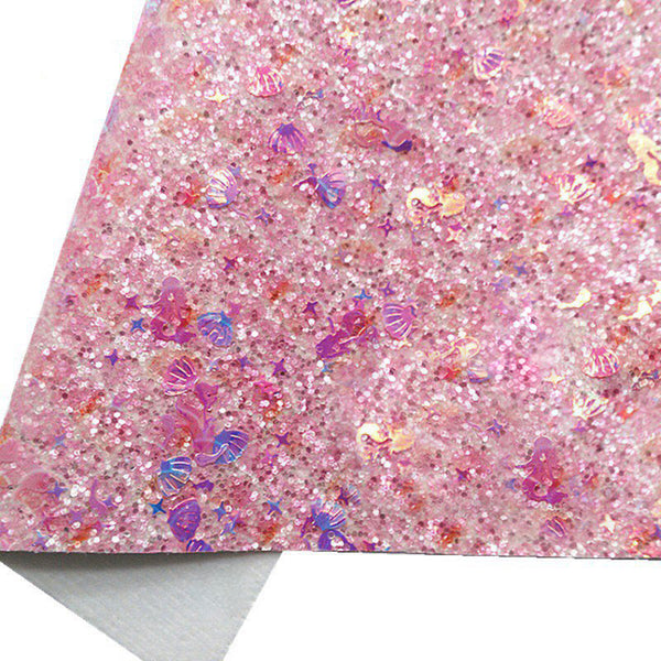 NEW! Mermaids and Seashells (Pink) Chunky Glitter Fabric With Felt Backing