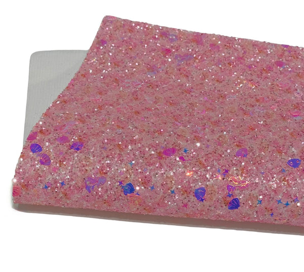 NEW! Mermaids and Seashells (Pink) Chunky Glitter Fabric With Felt Backing