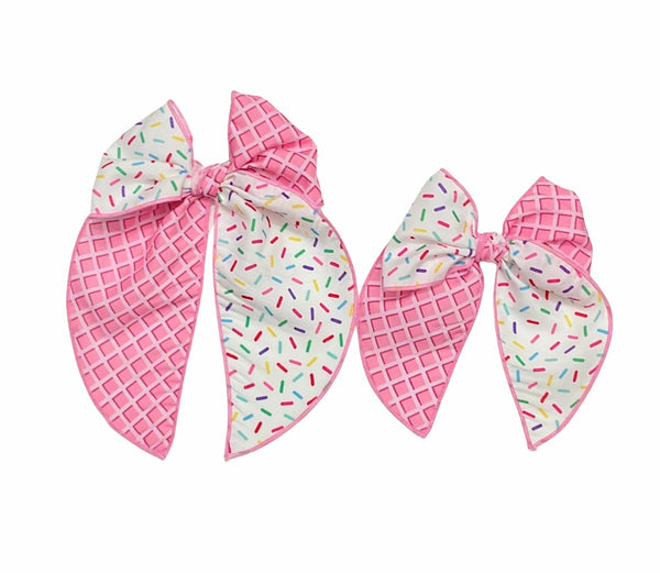 **PREORDER** Choose Size-PRE-TIED SURGED EDGE BOW-Pink Ice Cream Cone
