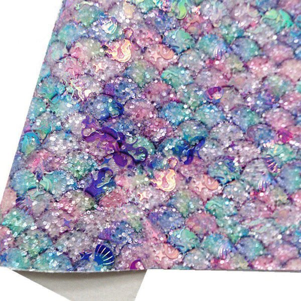 NEW! Mermaids and Seashells (Purple/Blue) Chunky Glitter Fabric With Felt Backing